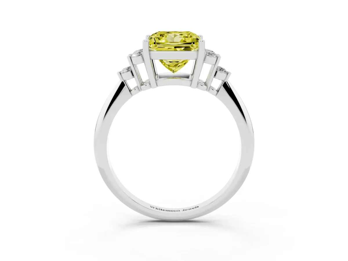 Fancy Yellow Princess Cut Cut Diamond Cluster Ring with Solitaire Band and Four-Prong Setting Platinum