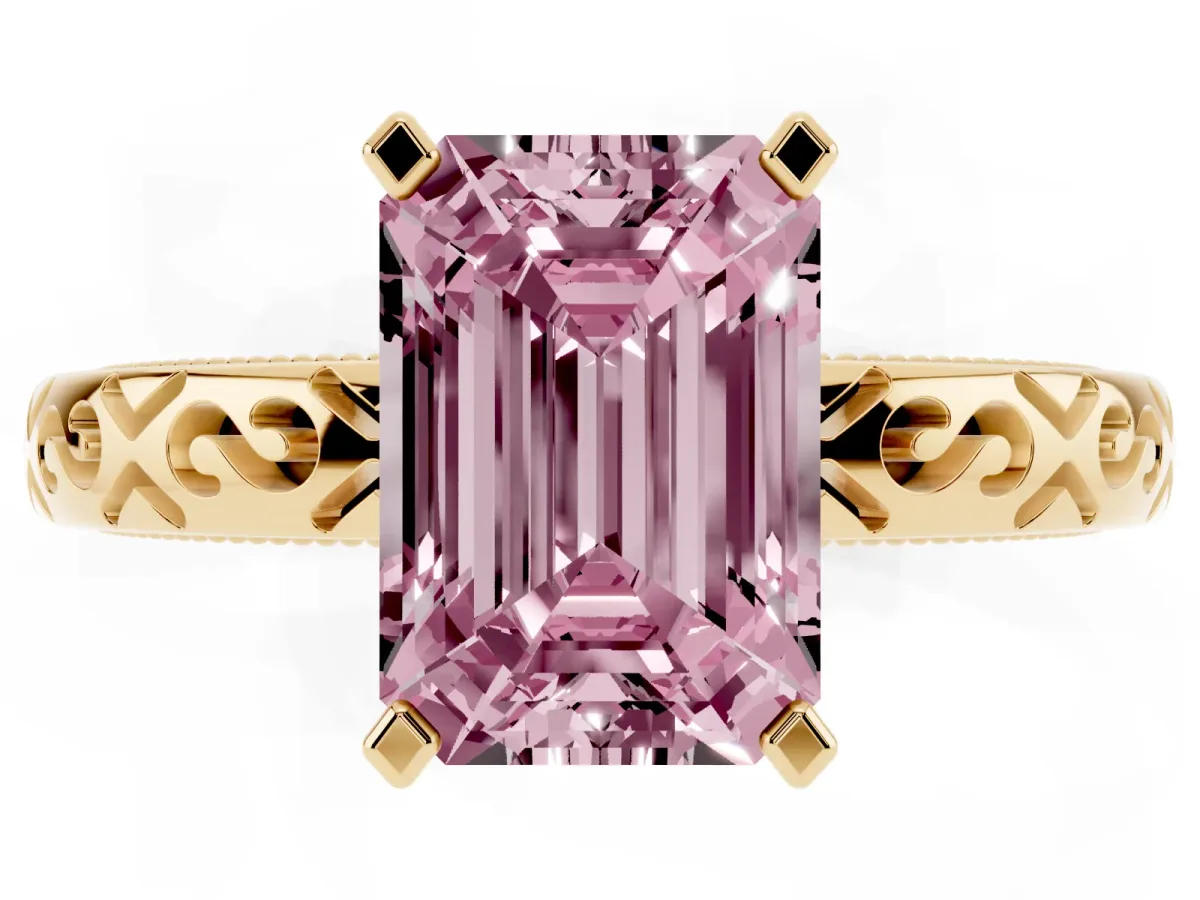 Fancy Pink Emerald Cut Solitaire Engagement Ring with Scrollwork Band and Four-Prong Setting Yellow gold