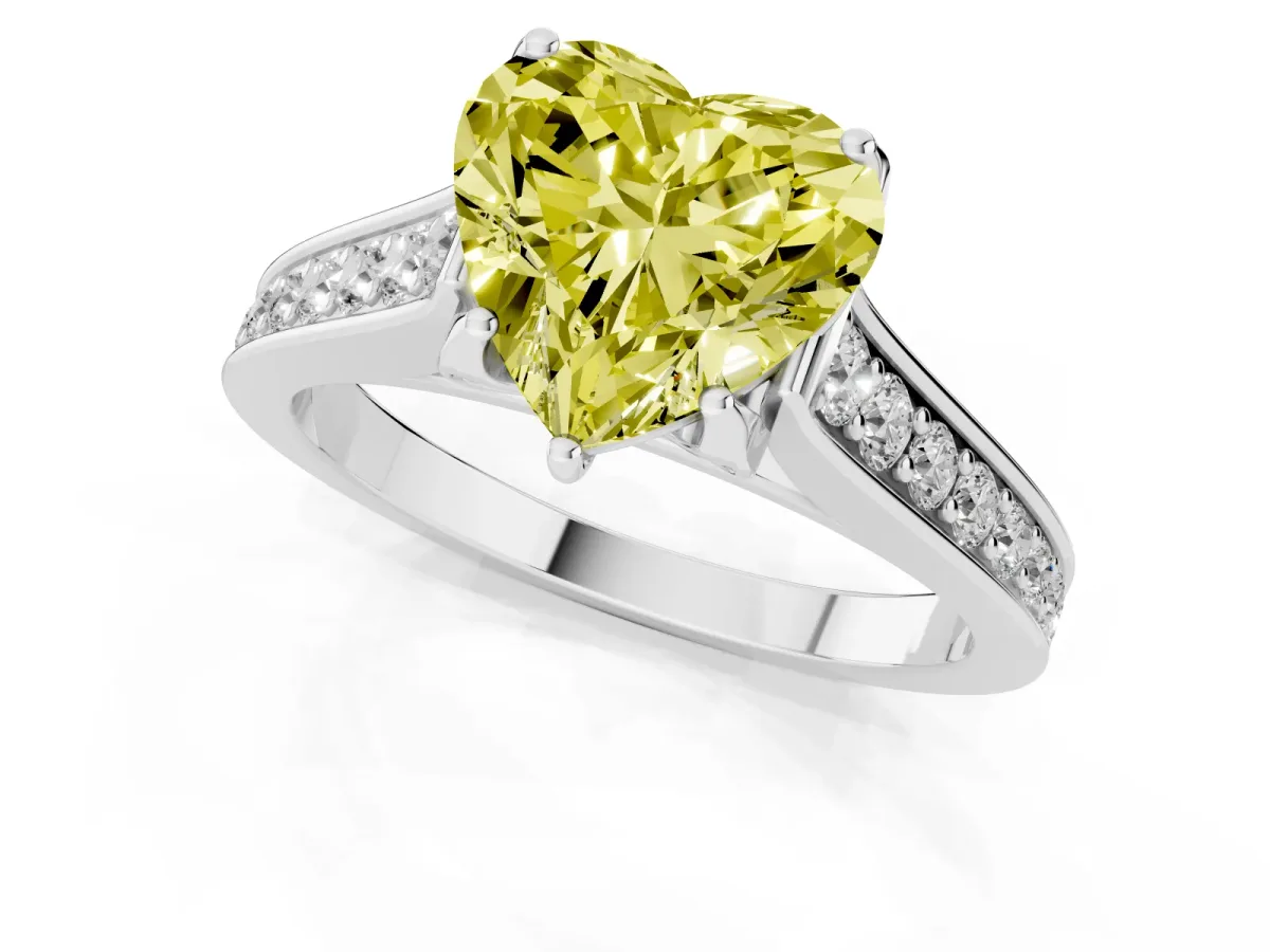 Fancy Yellow Heart Cut Brilliant Cut Diamond Engagement Ring with Pavé Band and Four-Prong Setting Silver