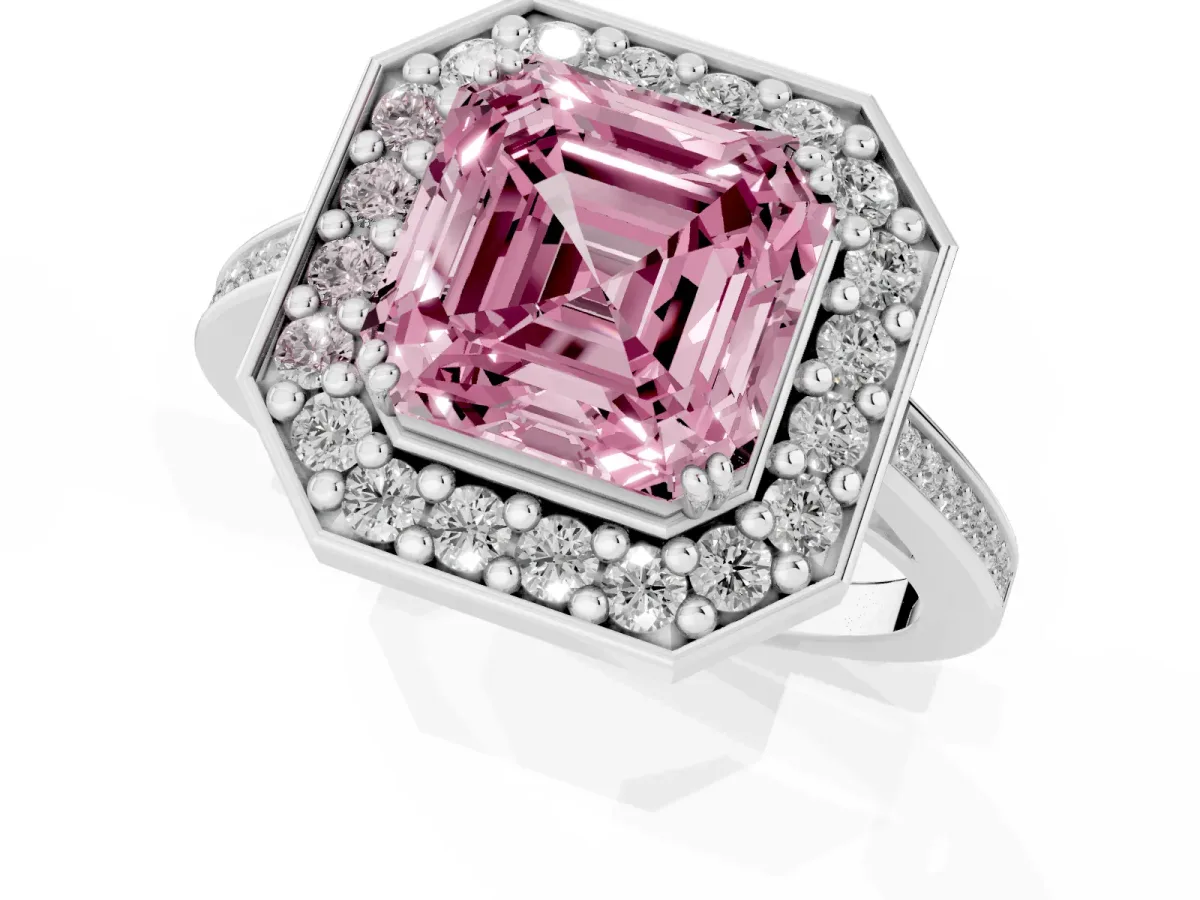 Fancy Pink Asscher Cut Diamond Halo Ring with Split Shank and Four-Prong Setting Silver