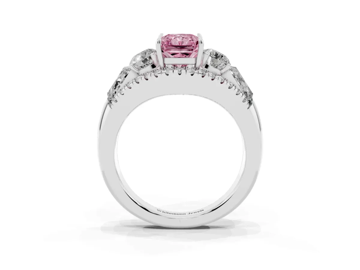Fancy Pink Three-Stone Radiant Cut Diamond Engagement Ring with Pave Band and Prong Setting Silver
