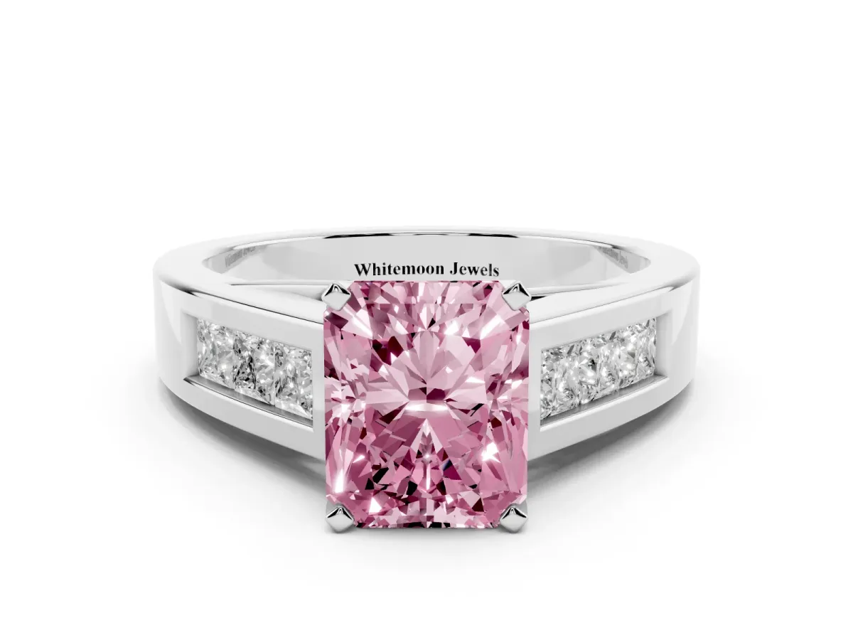 Fancy Pink Radiant Cut Cut Channel Set Solitaire Ring with Four-Prong Setting Platinum