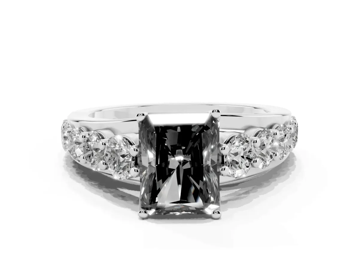 Fancy Black Radiant Cut Diamond Engagement Ring with Pavé Band and Four-Prong Setting Silver