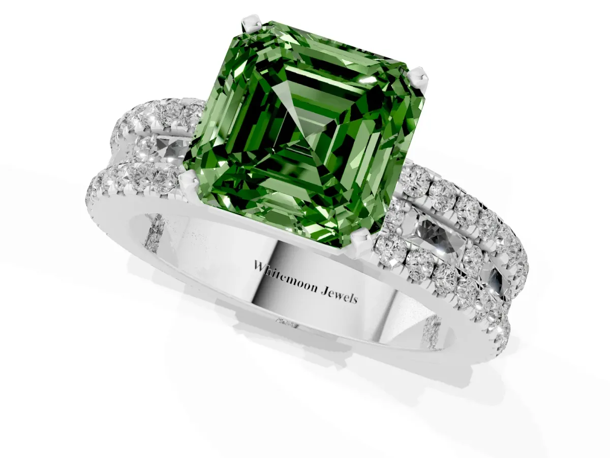 Fancy Green Asscher Cut Diamond Solitaire Ring with Pavé and Channel Set Band Silver