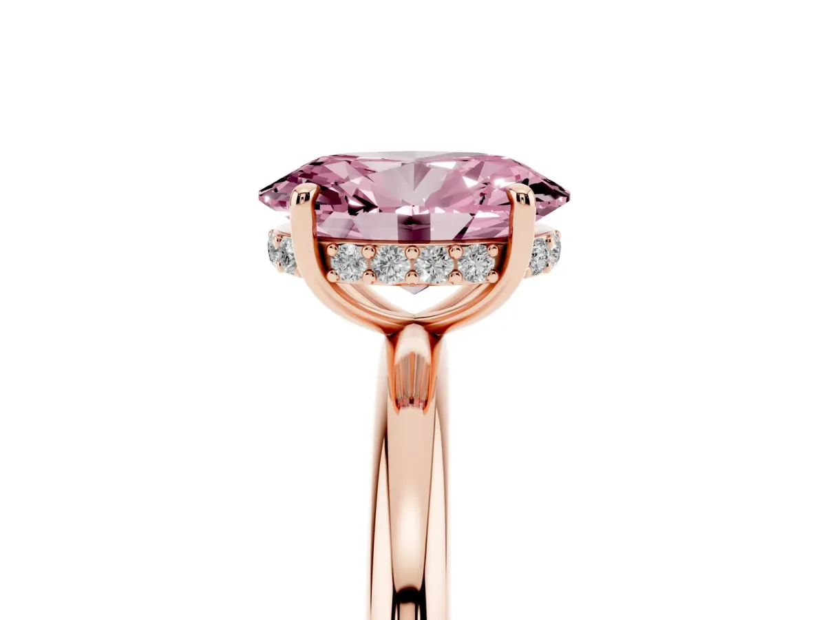 Fancy Pink Oval Cut Diamond Solitaire Ring with Thin Band and Four-Prong Setting Rose gold