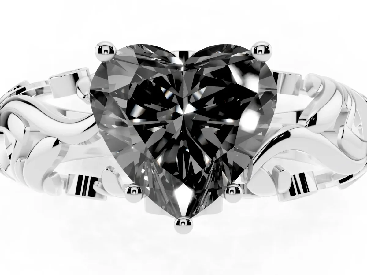 Fancy Black Heart Cut Solitaire Diamond Leaf-Inspired Vine Band Ring with Prong Setting Silver