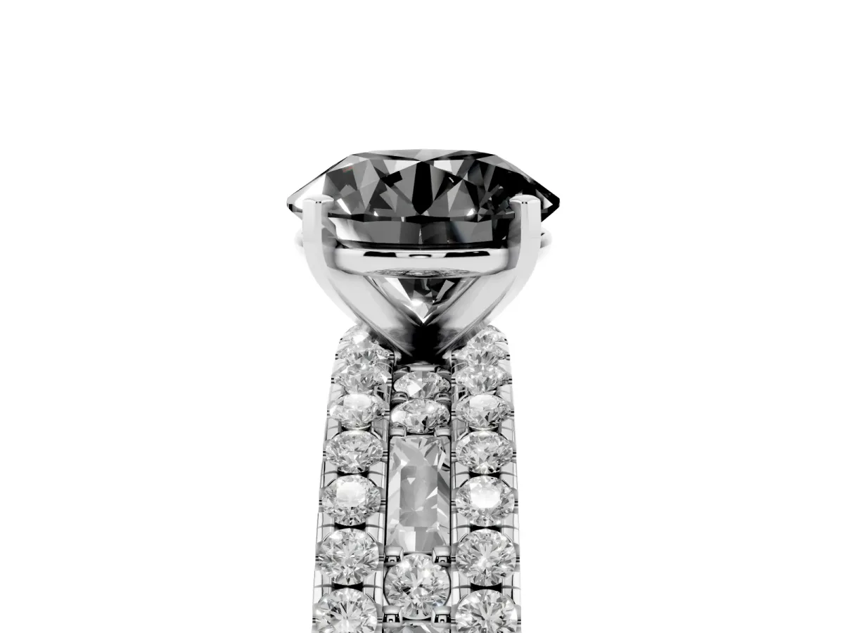 Fancy Black Round Cut Diamond Solitaire Ring with Pavé and Channel Set Band Silver