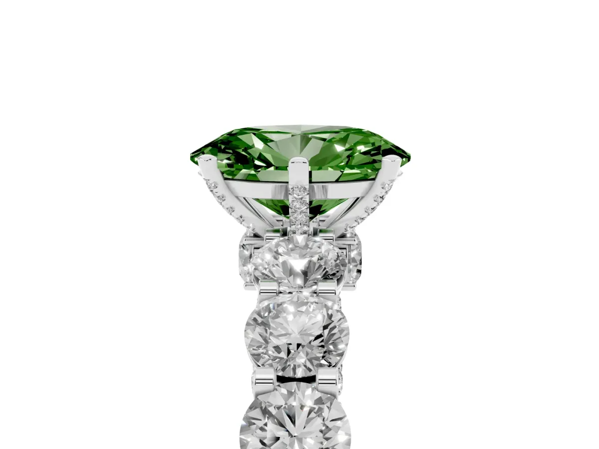 Fancy Green Oval Cut Diamond Side Stone Engagement Ring with Four-Prong Setting Silver
