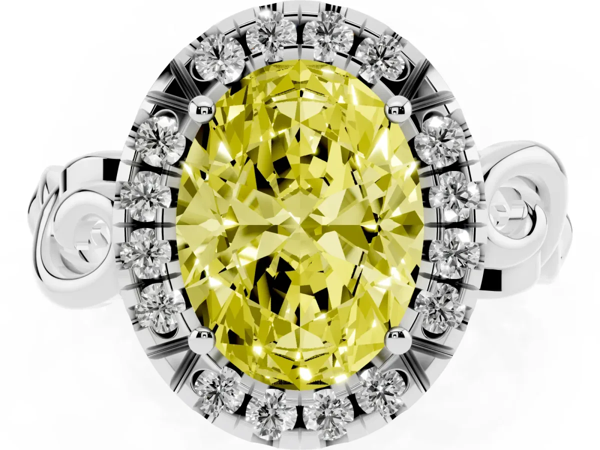 Fancy Yellow Oval Cut Cut Halo Diamond Ring with Scrollwork Band and Four-Prong Setting Silver