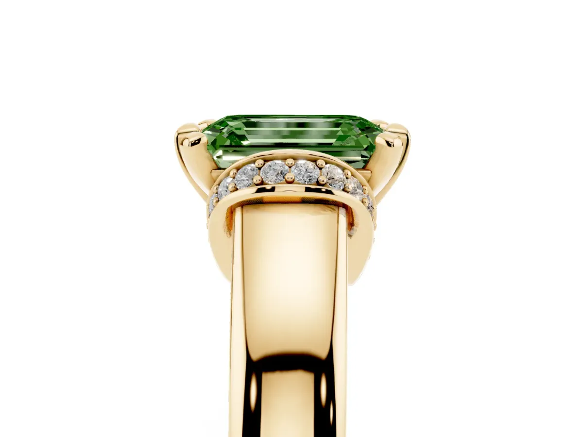 Fancy Green Emerald Cut Solitaire Diamond Ring with Pave Band and Six-Prong Setting Yellow gold