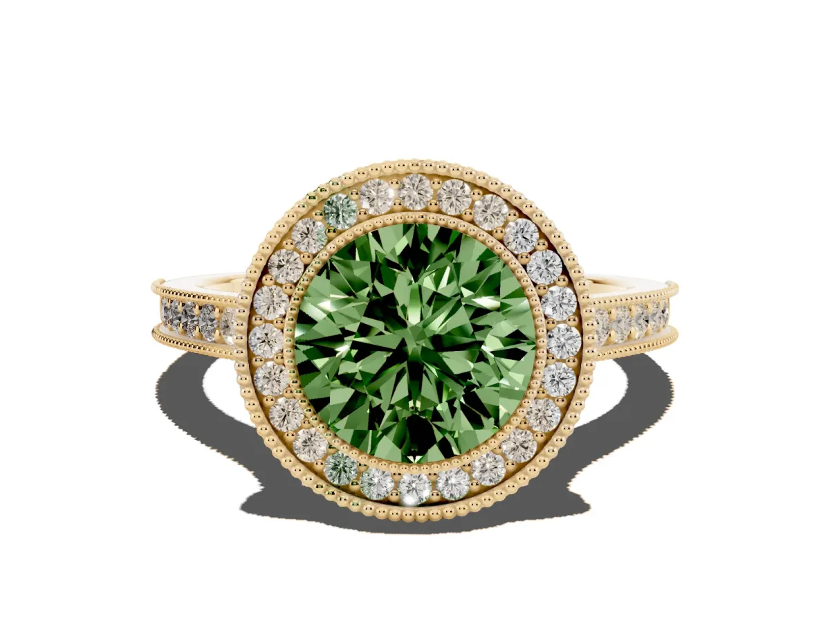 Fancy Green Halo Round Cut-Cut Diamond Pave Band Milgrain Prong Setting Ring Yellow gold