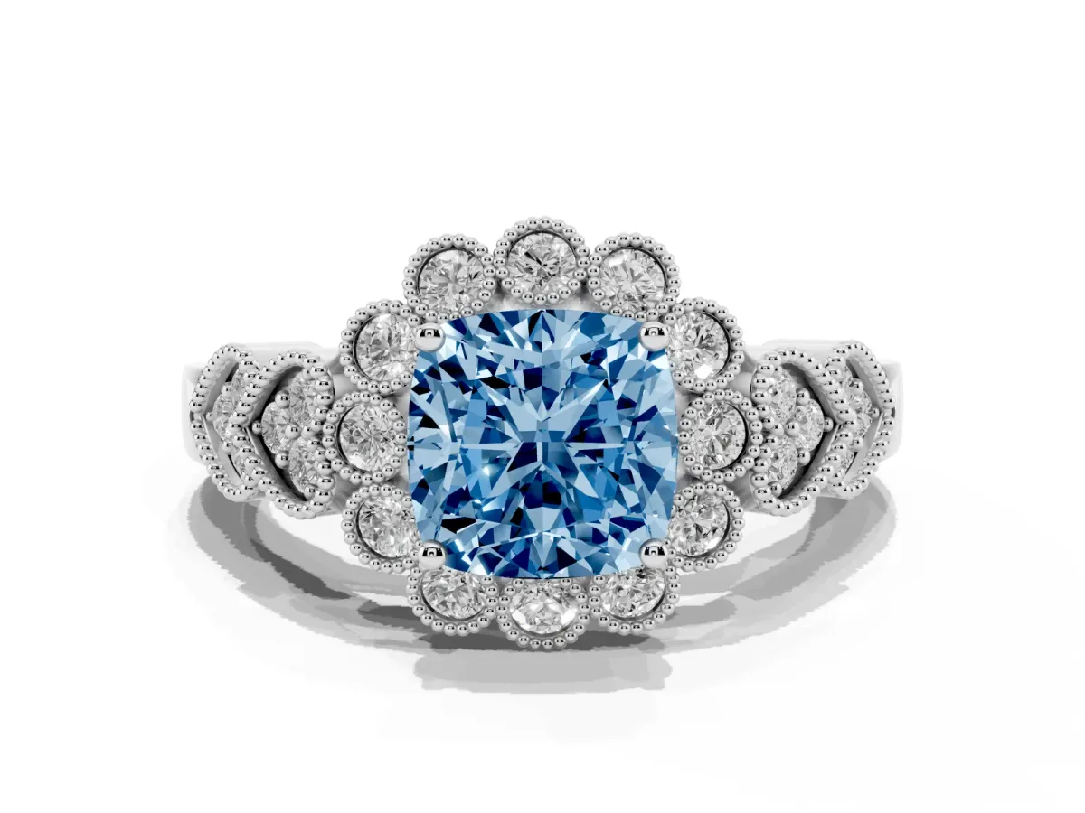 Fancy Blue Cushion Cut Brilliant Milgrain Pave Heart Band Solitaire Ring Platinum