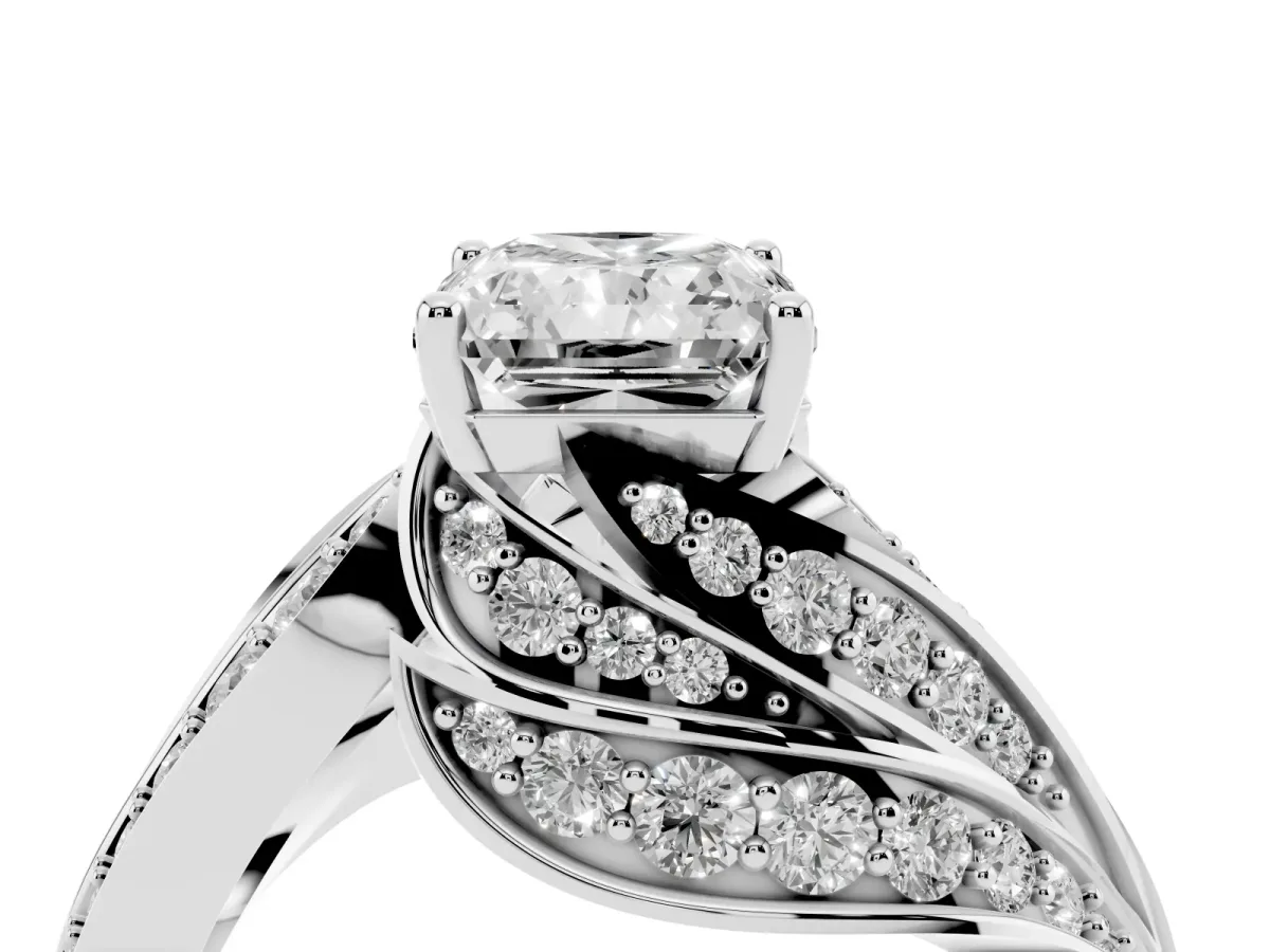Radiant Cut Diamond Solitaire Ring with Prong Setting and Twisted Pavé Band Silver