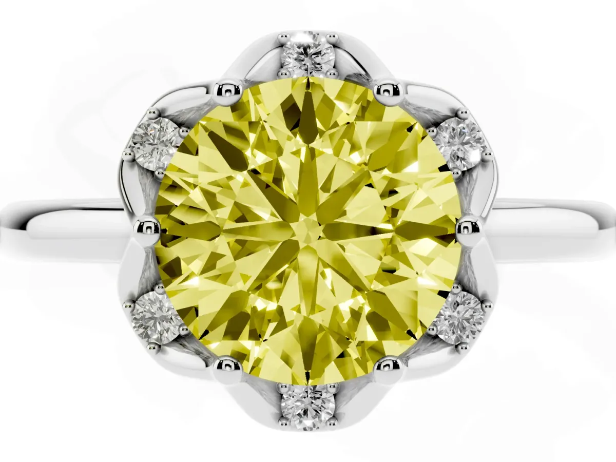 Fancy Yellow Round Cut Halo Diamond Ring with Round Cluster Setting, Solitaire Band, and Four-Prong Setting White gold