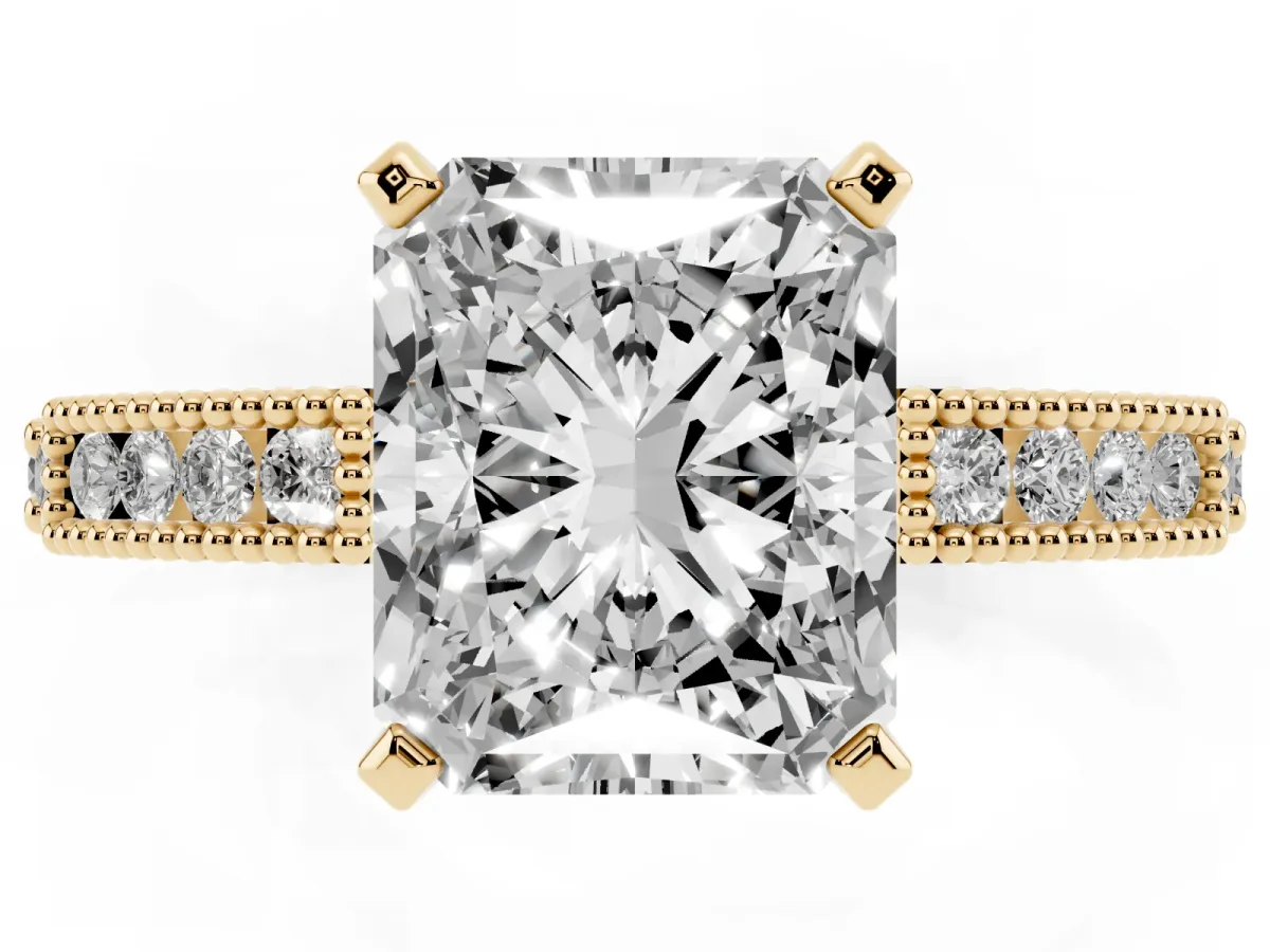 Radiant Cut Solitaire with Pavé Band and Four-Prong Setting Yellow gold
