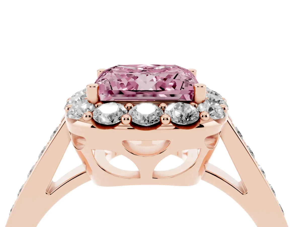 Fancy Pink Princess Cut Diamond Floral Halo Ring with Pavé Band and Prong Setting Rose gold