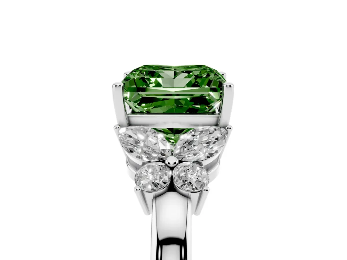 Fancy Green Princess Cut Cut Solitaire Floral Diamond Ring with Four-Prong Setting Silver