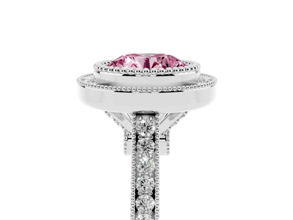 Fancy Pink Round Cut Diamond Halo Ring with Milgrain Frame and Pavé Band Silver