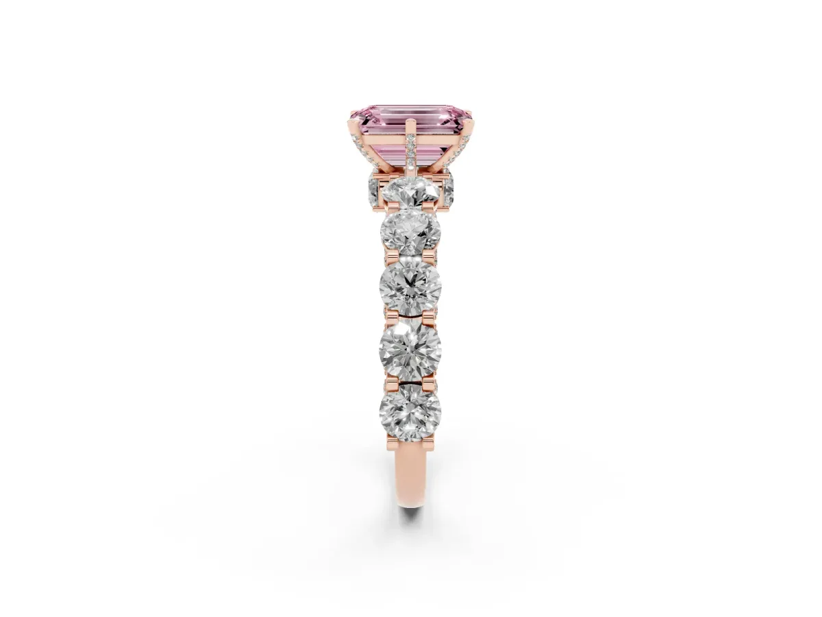 Fancy Pink Emerald Cut Diamond Side Stone Engagement Ring with Four-Prong Setting Rose gold