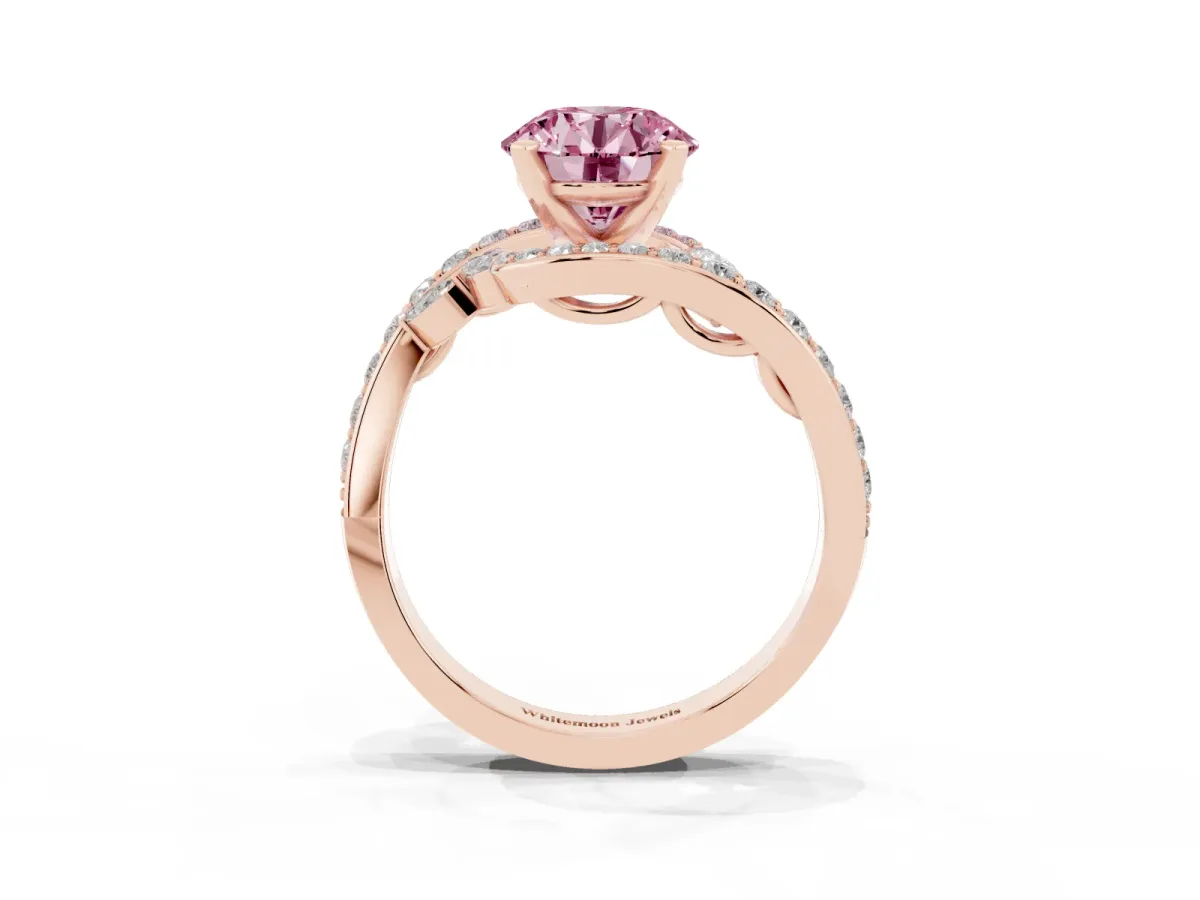 Fancy Pink Round Cut Solitaire with Pavé Twist Band and Four-Prong Setting Rose gold