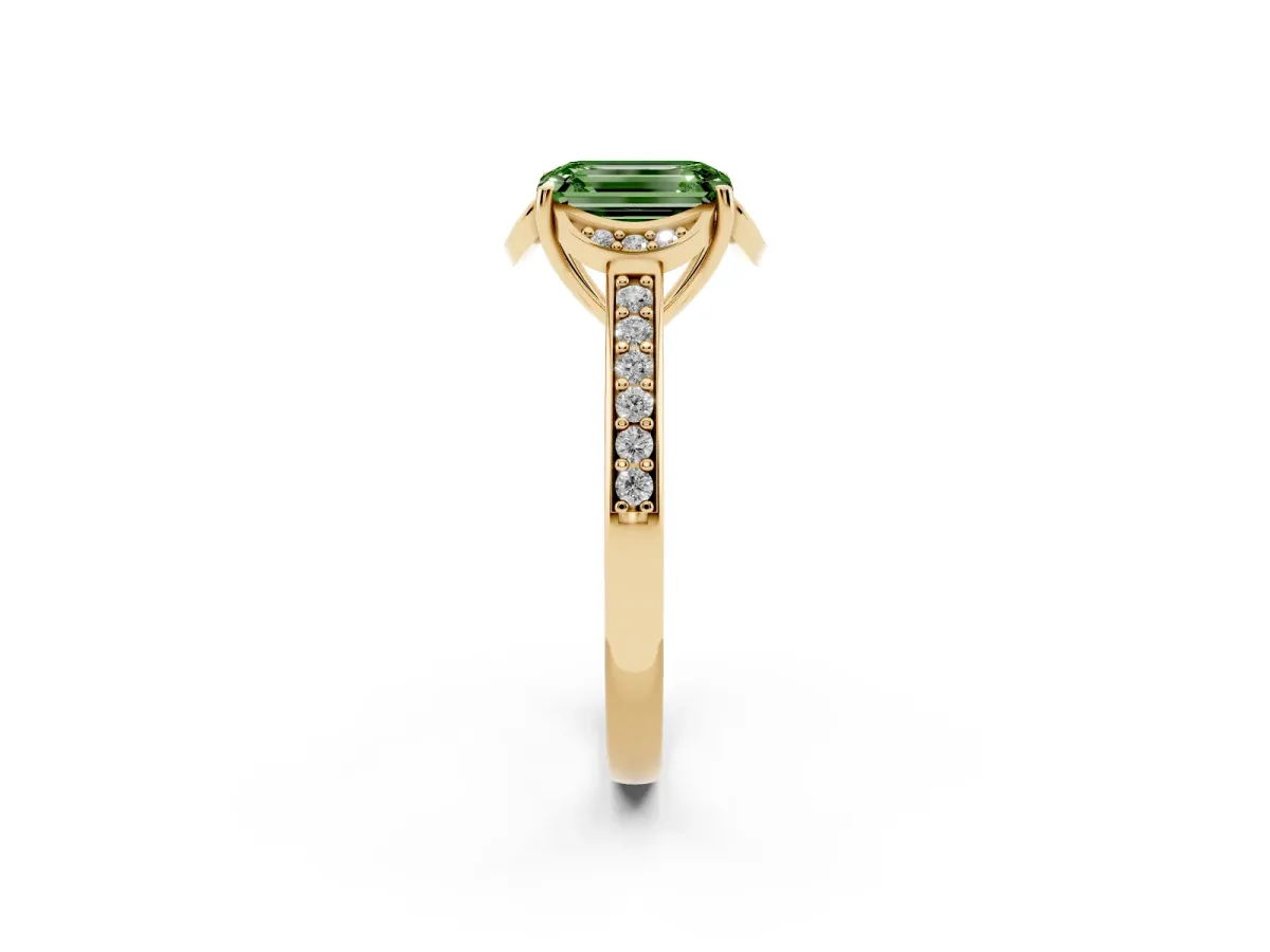 Fancy Green Emerald Cut Cut Halo Diamond Ring with Channel Set Band and Four-Prong Setting Yellow gold