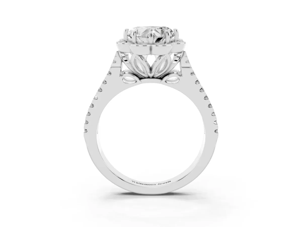 Heart Cut Halo Diamond Floral Split Shank Engagement Ring Silver
