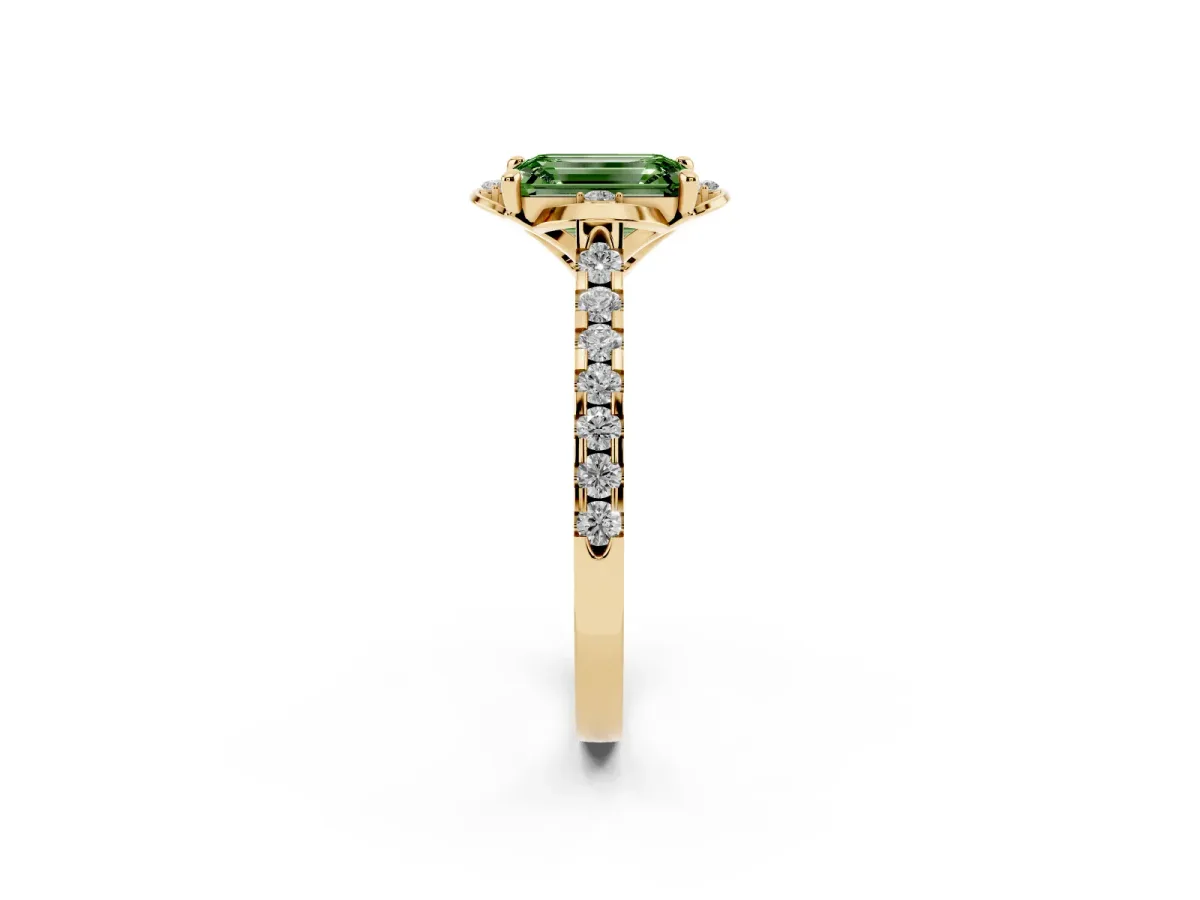 Fancy Green Emerald Cut Diamond Ring with Pavé Band and Floral Prong Setting Yellow gold