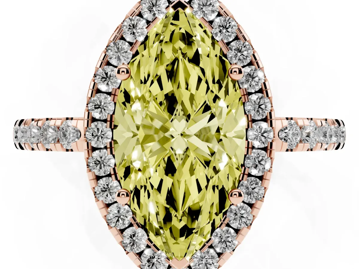Fancy Yellow Marquise Cut Halo Diamond Engagement Ring with Pavé Band and Four-Prong Setting Rose gold