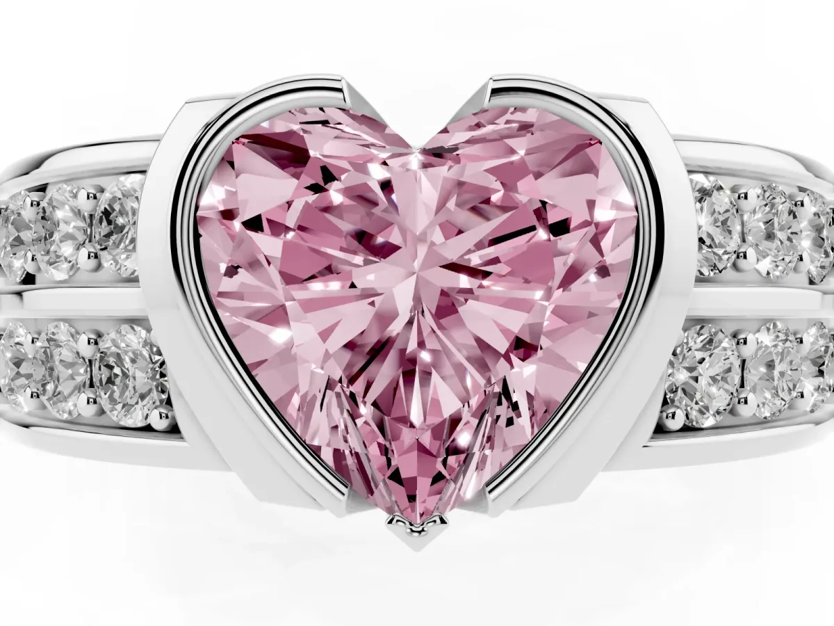 Fancy Pink Heart Cut Brilliant Diamond Channel Set Wide Band Ring with Bezel Setting Platinum