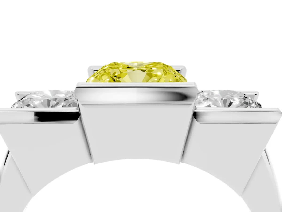 Fancy Yellow Three Stone Cushion Cut Cut Channel Set Diamond Ring Silver