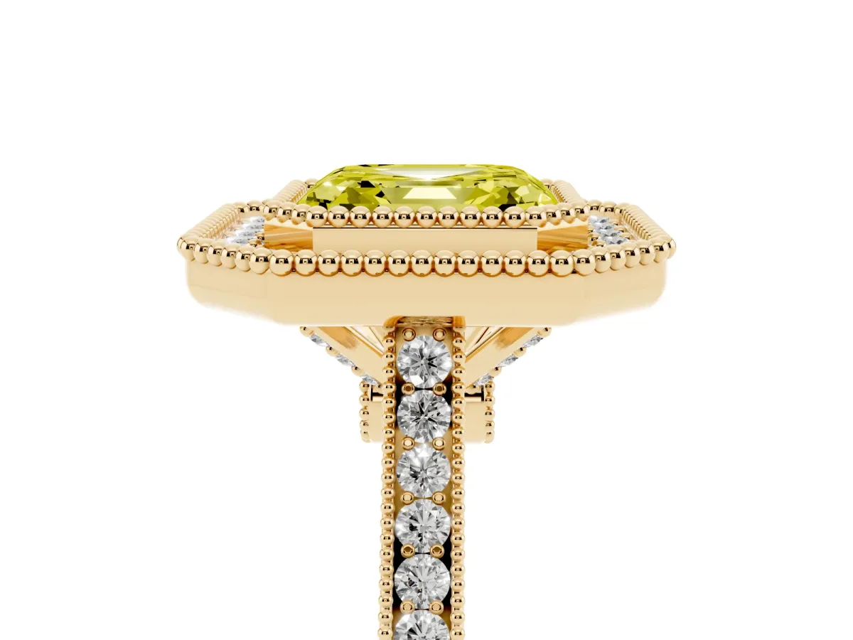 Fancy Yellow Asscher Cut Diamond Halo Ring with Milgrain Frame and Pavé Band Yellow gold