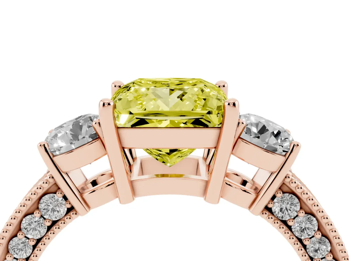 Fancy Yellow Princess Cut Three-Stone Diamond Ring with Pavé Band and Four-Prong Setting Rose gold