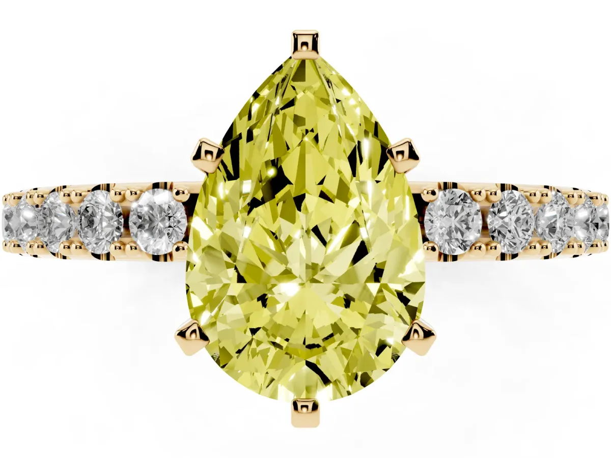 Fancy Yellow Pear Cut Diamond Solitaire Pavé Band with Four-Prong Setting Yellow gold