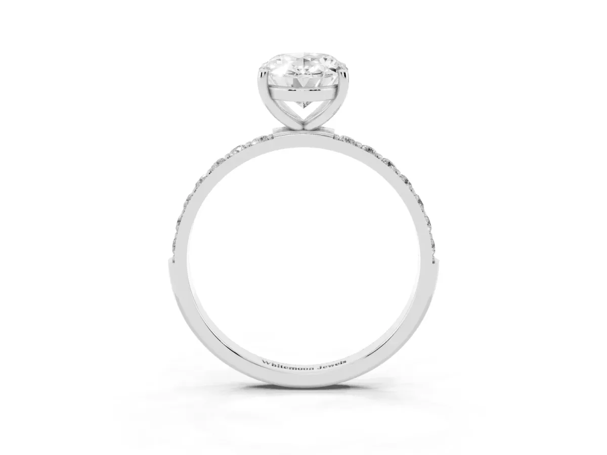 Oval Cut Diamond Solitaire Ring with Round Pavé Shoulders and Prong Setting Platinum