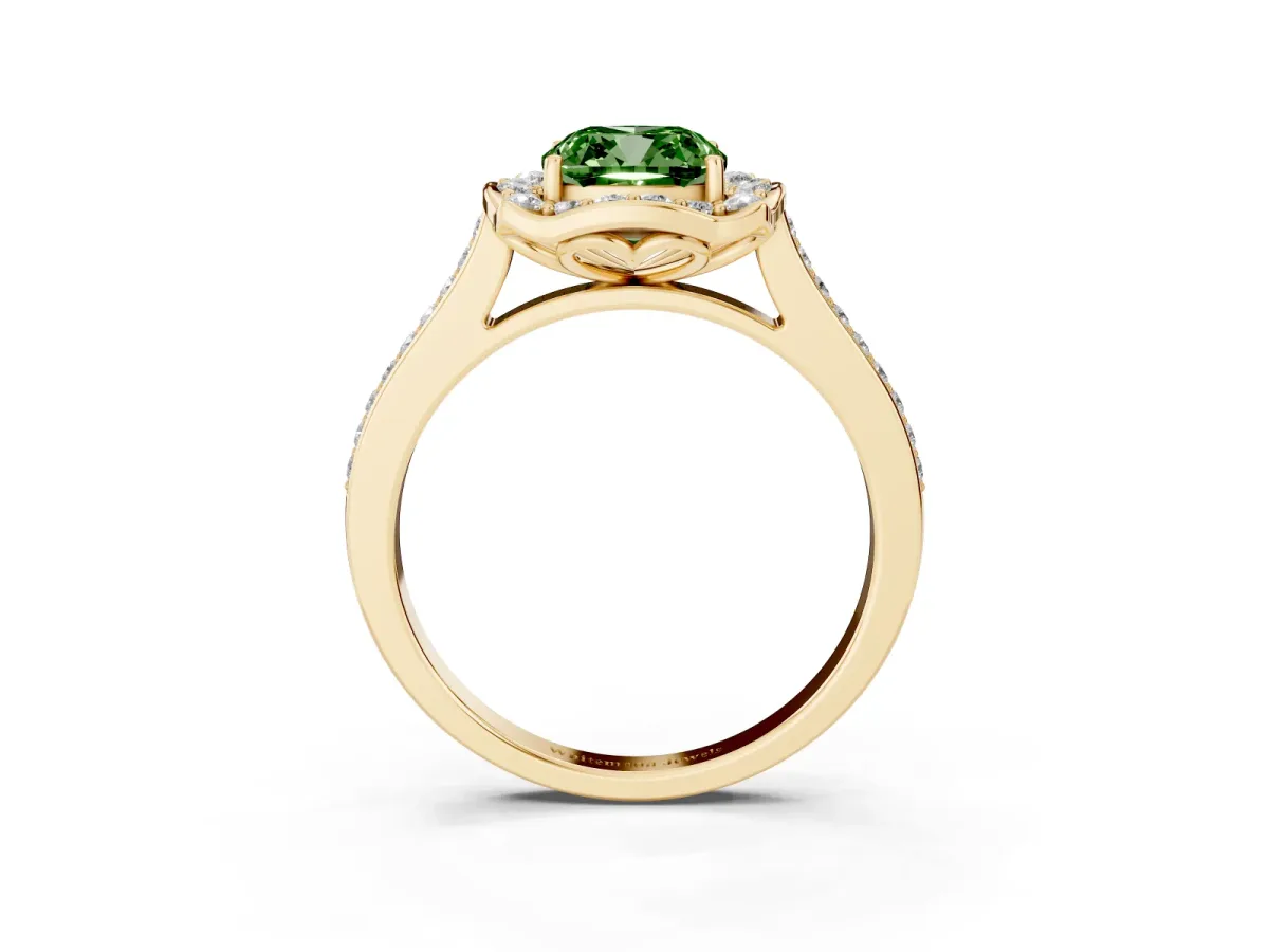 Fancy Green Cushion Cut Halo Round Diamond Pave Band with Four-Prong Setting Yellow gold