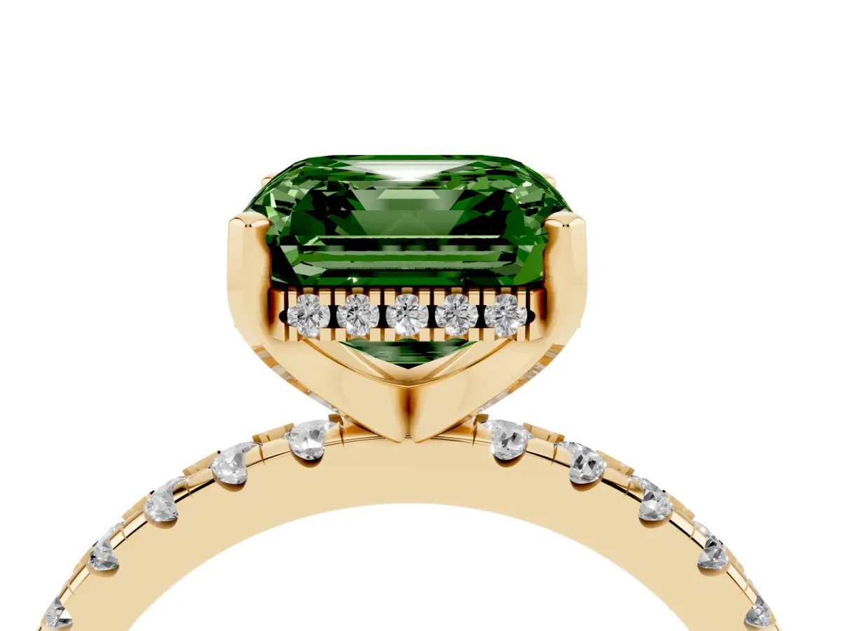 Fancy Green Asscher Cut Diamond Solitaire Ring with Round Pavé Band and Four-Prong Setting Yellow gold
