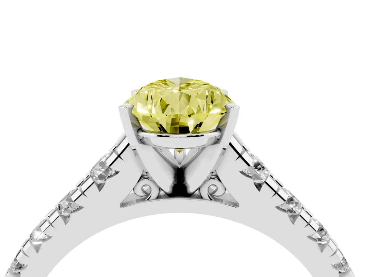 Fancy Yellow Pear Cut Diamond Cathedral Solitaire Ring with Round Pavé Band Silver