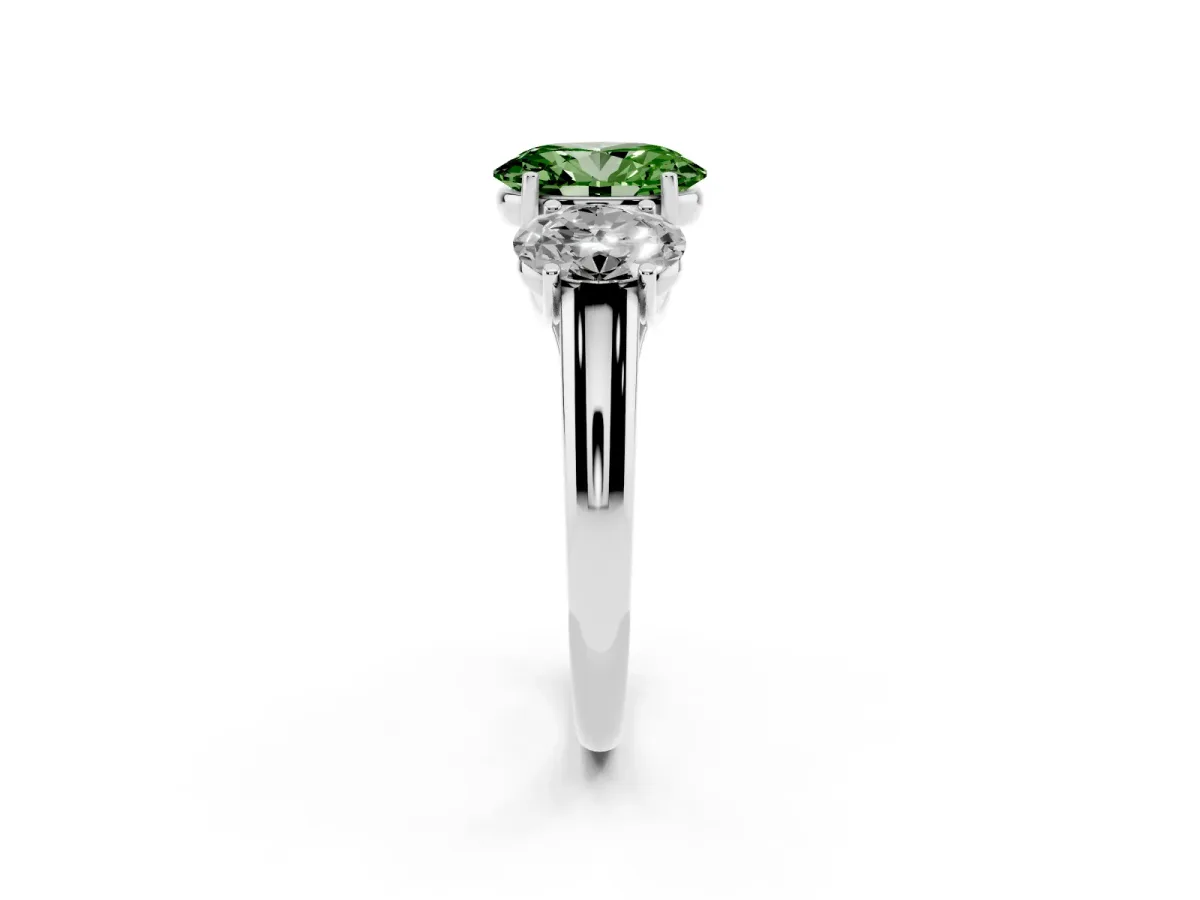 Fancy Green Three-Stone Oval Cut Diamond Engagement Ring with Prong Setting Platinum