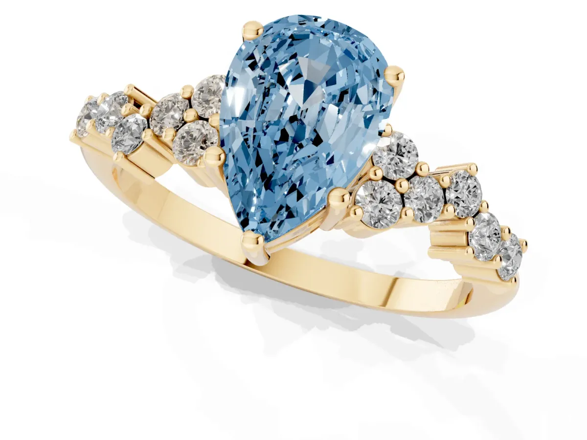 Fancy Blue Pear Cut Diamond Scattered Round Accent Ring with Prong Setting Yellow gold