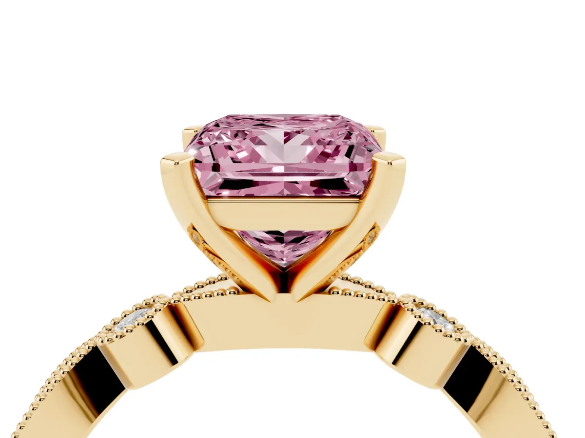 Fancy Pink Princess Cut Milgrain Bezel Diamond Engagement Ring with Solitaire Prong Setting Yellow gold
