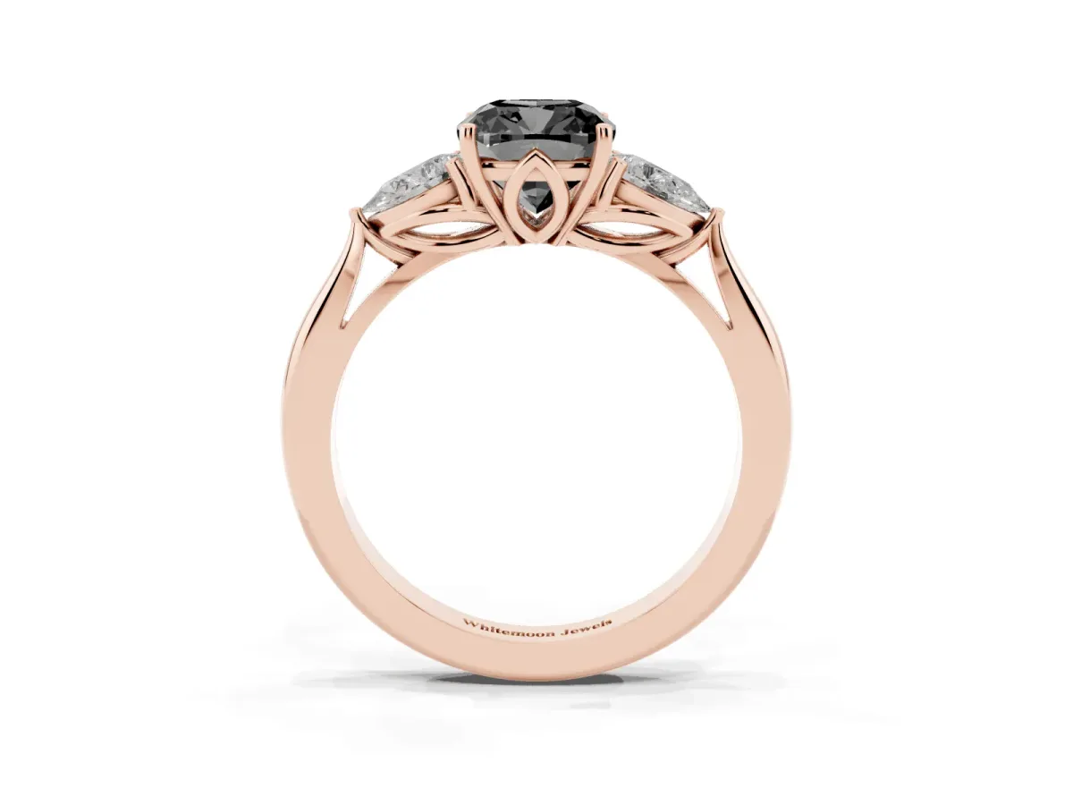 Fancy Black Three-Stone Cushion Cut Brilliant Diamond Solitaire Ring with Tapered Band and Four-Prong Setting Rose gold