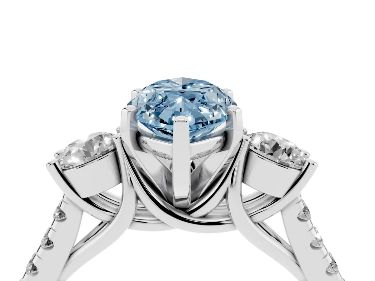 Fancy Blue Three-Stone Marquise Cut Diamond Pavé Band with Four-Prong Setting Silver