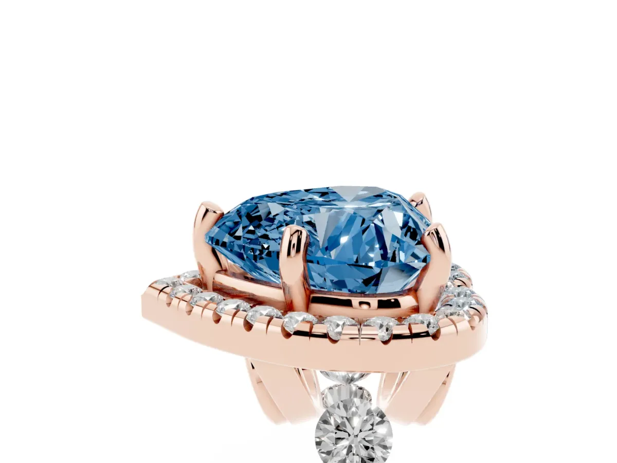 Fancy Blue Heart Cut Halo Pavé Diamond Engagement Ring with Four-Prong Setting Rose gold