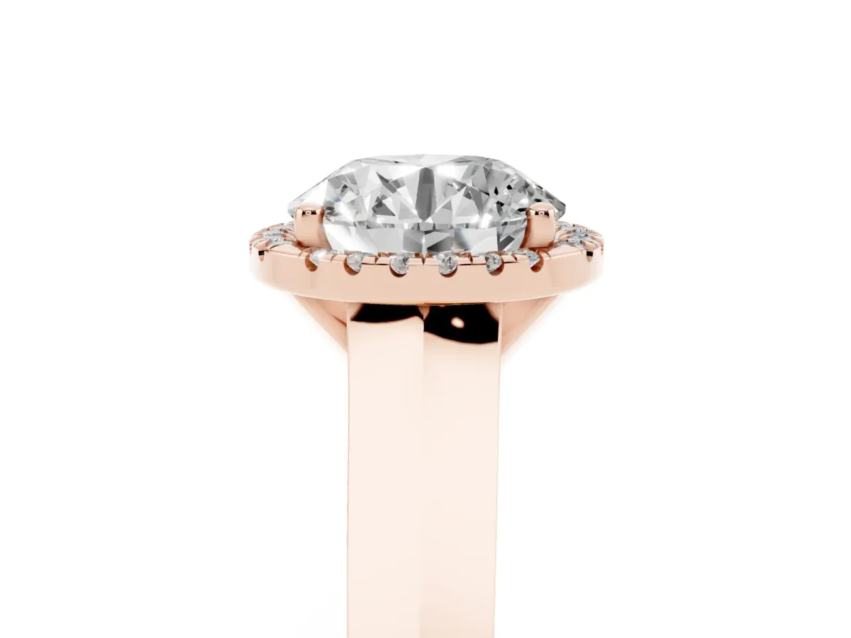 Round Cut Halo Diamond Ring with Cathedral Band and Four-Prong Setting Rose gold