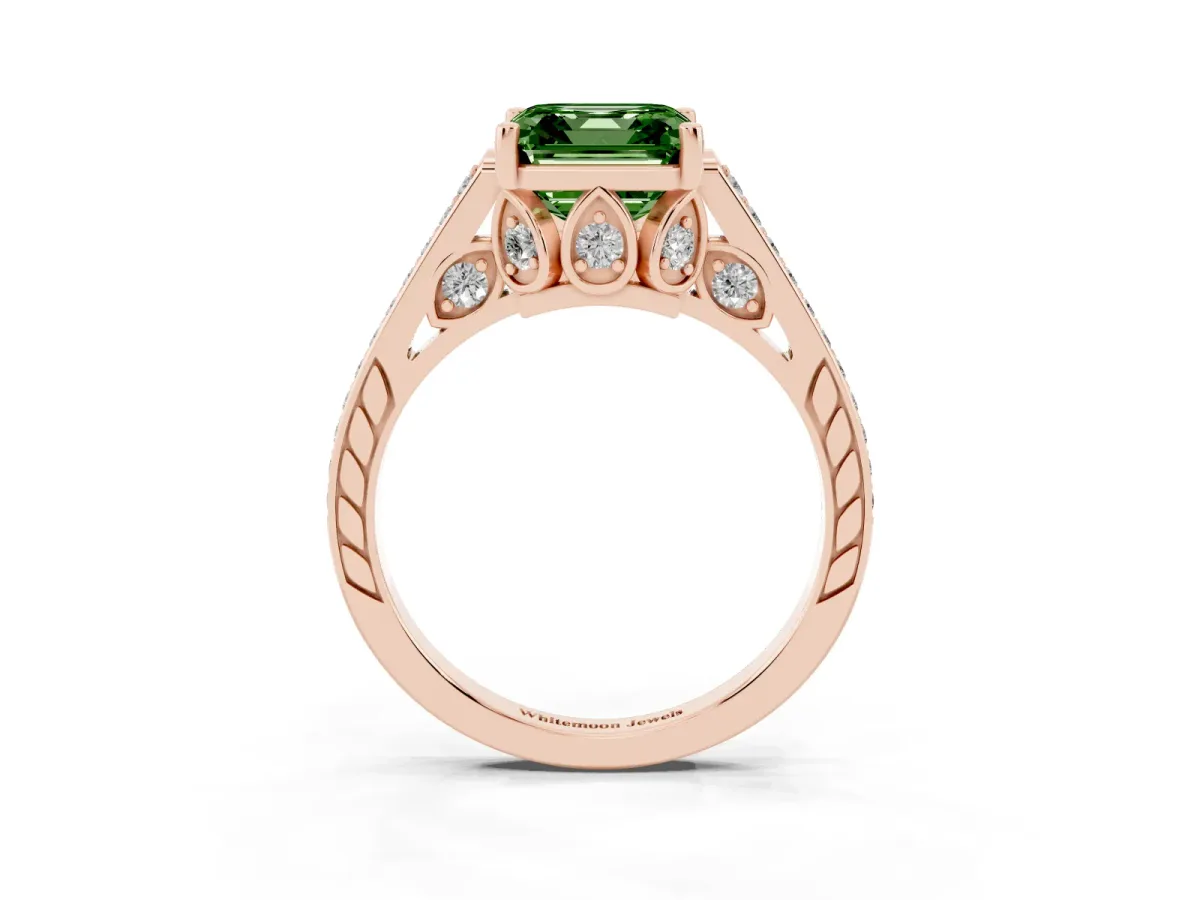 Fancy Green Asscher Cut Cut Cathedral Pave Diamond Engagement Ring with Six-Prong Setting Rose gold