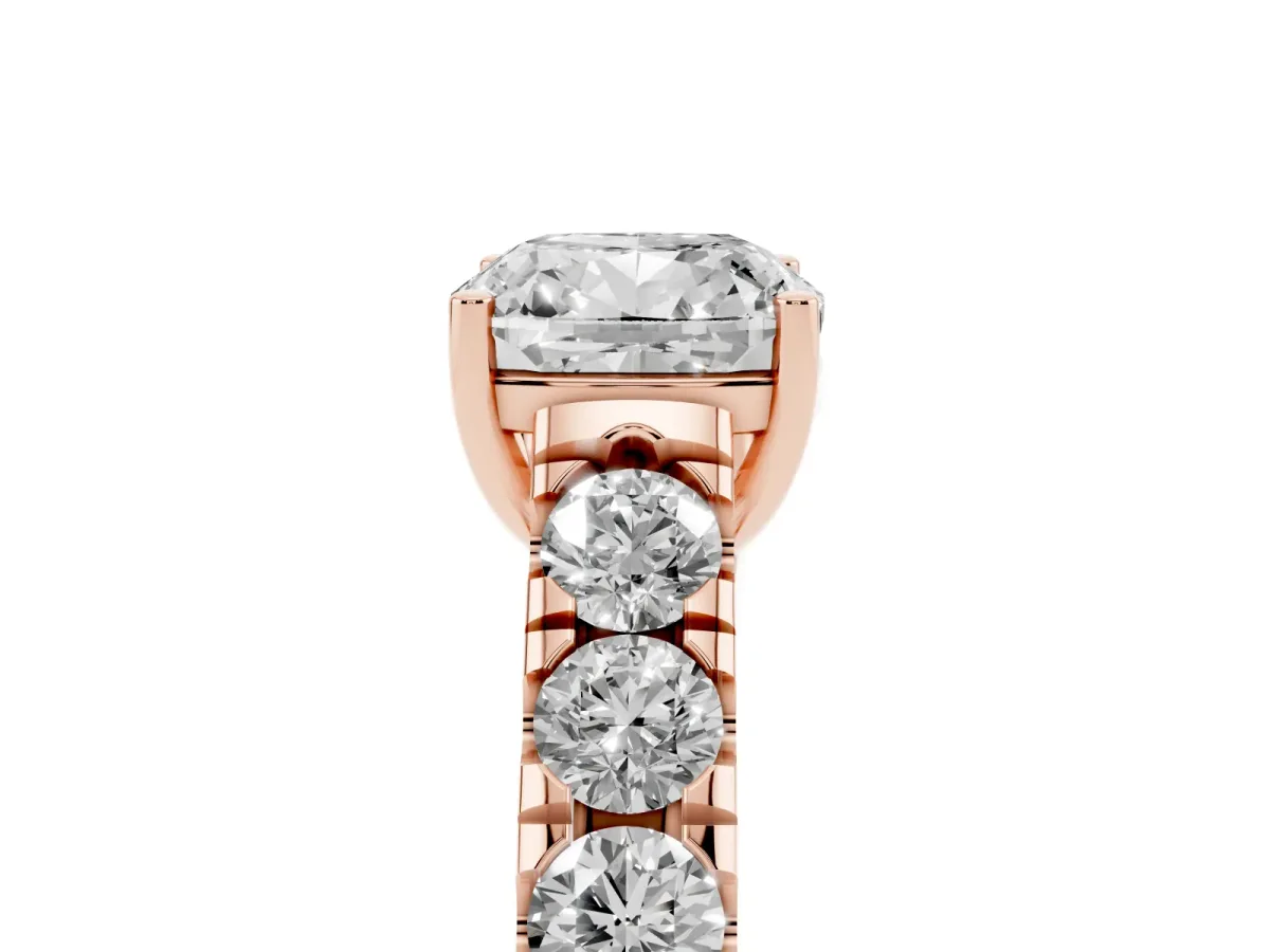 Cushion Cut Cut Diamond Solitaire Ring with Micro Pave Band and Prong Setting Rose gold