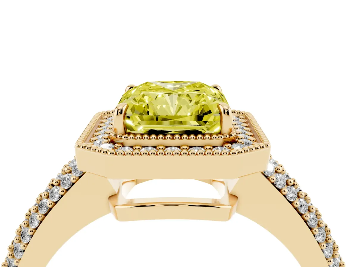 Fancy Yellow Radiant Cut Cut Halo Diamond Pave Band with Four-Prong Setting Yellow gold