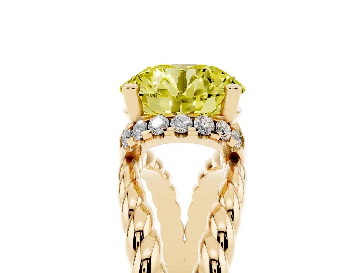 Fancy Yellow Round Cut Halo Twisted Band Four-Prong Ring Yellow gold