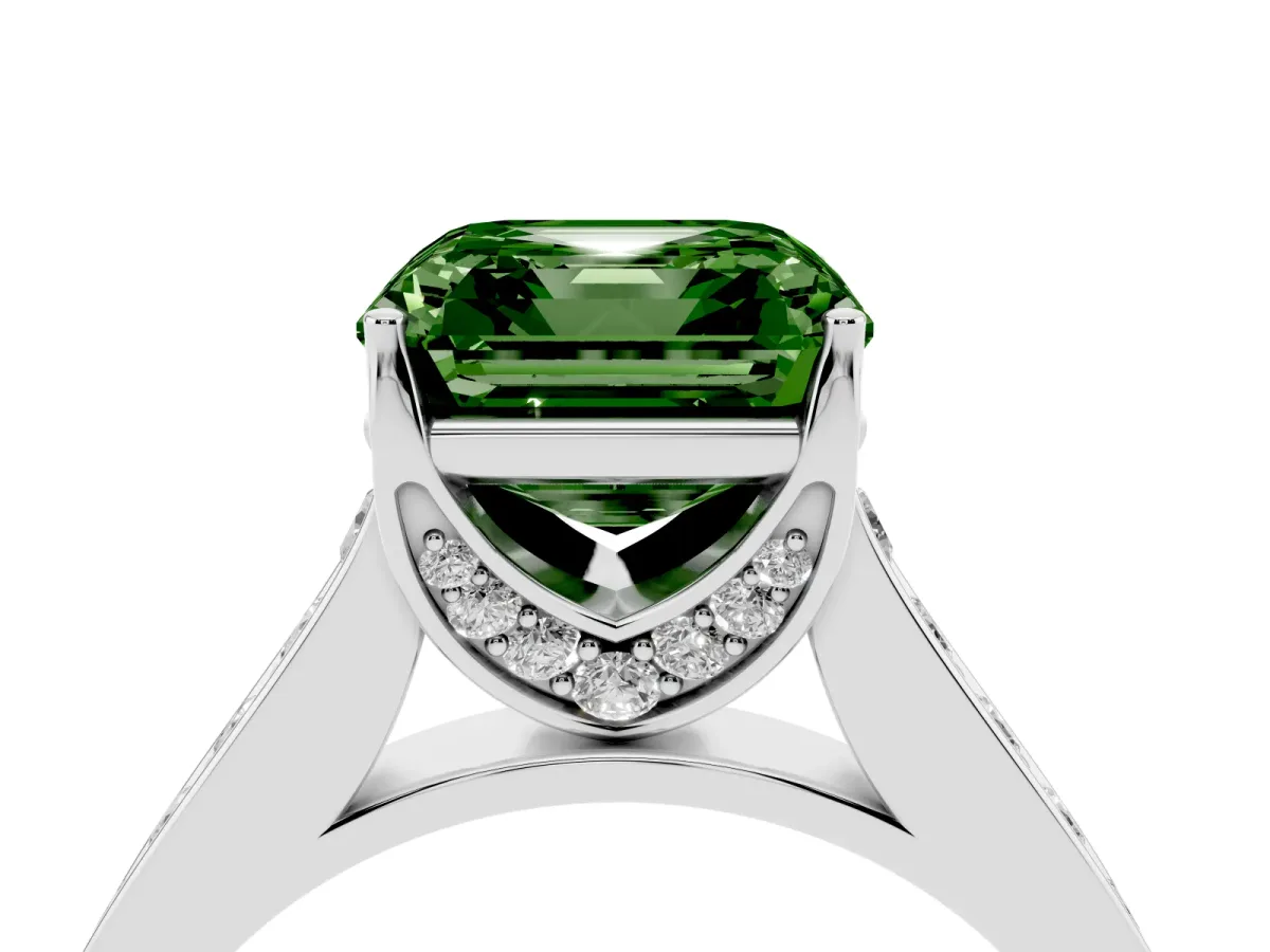 Fancy Green Asscher Cut Brilliant Cut Diamond Engagement Ring with Pavé Band and Four-Prong Setting Platinum