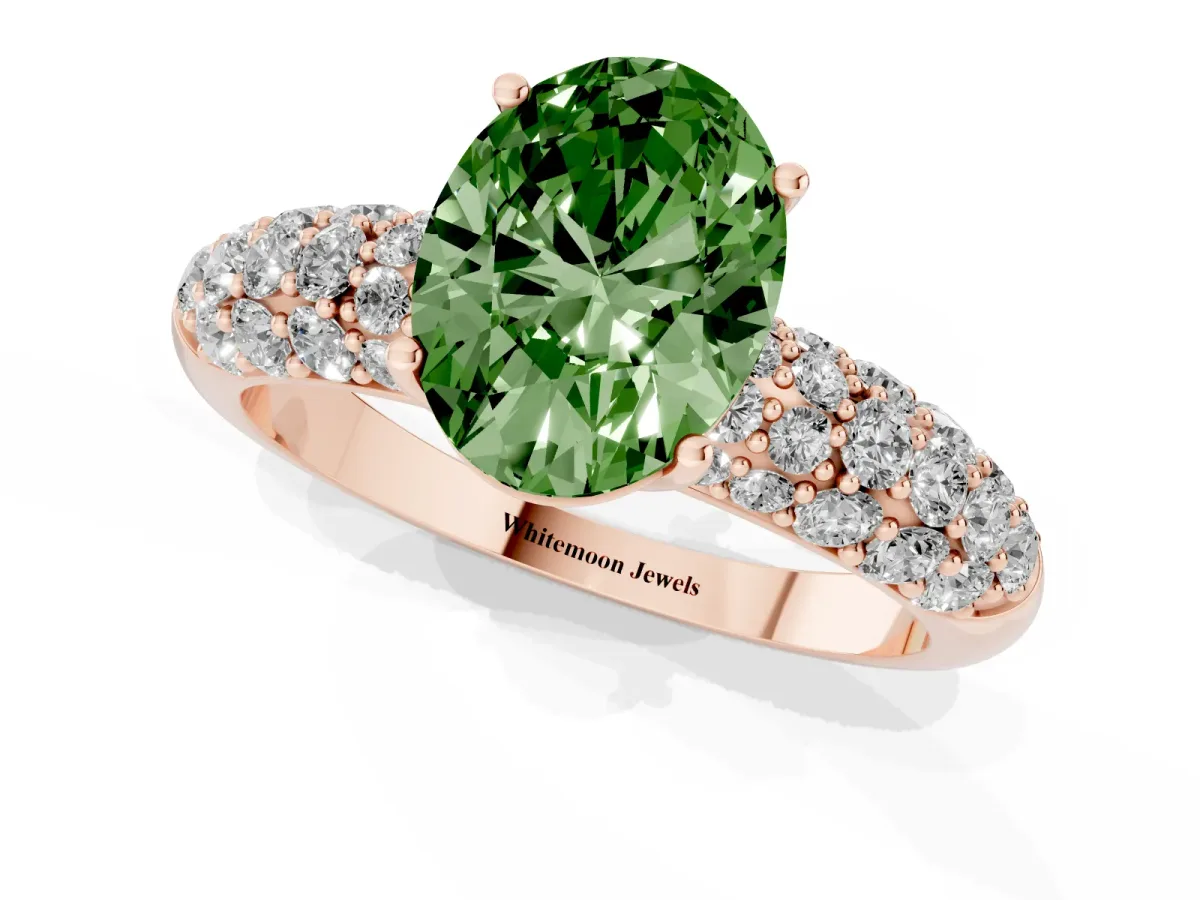 Fancy Green Oval Cut Diamond Pavé Band Solitaire Ring with Four-Prong Setting Rose gold